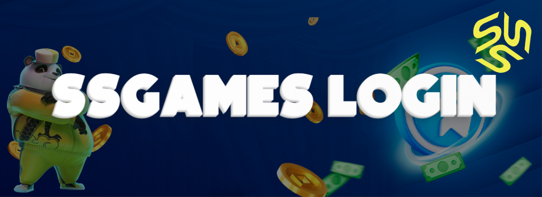 Imagem com fundo azul e mascote oficial da SSGAMES com o texto SSGAMES LOGIN
