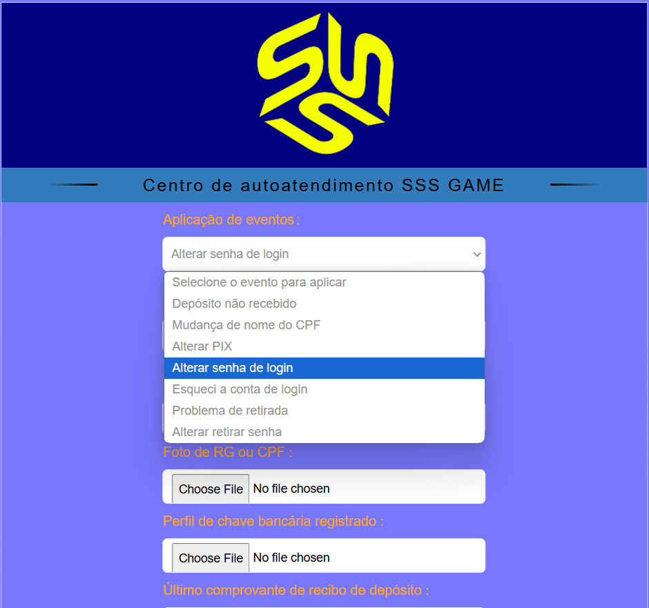 Imagem mostrando o passo a passo para recuperar a senha na plataforma SSSGAME através do centro de atendimento ao cliente
