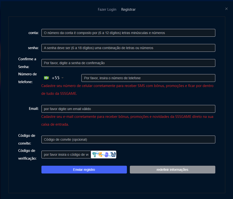 Imagem mostrando como se registrar na SSSGAME LOGIN com destaque para a tela de login e cadastro