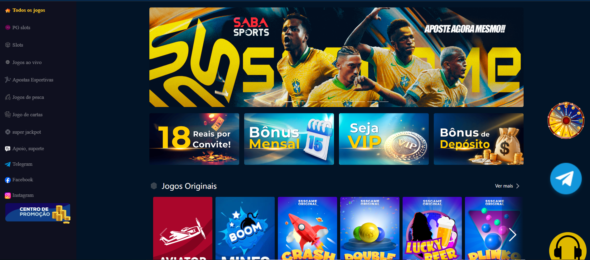 Imagem mostrando a interface da plataforma SSSGAME com destaque para jogos, apostas e funcionalidades