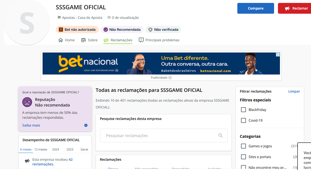Imagem mostrando avaliações e reclamações de usuários sobre a plataforma SSSGAME no Reclame Aqui