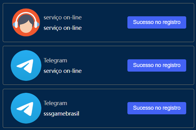 Canais oficiais de suporte ao cliente da SSSGAME, incluindo Telegram, WhatsApp e chat ao vivo