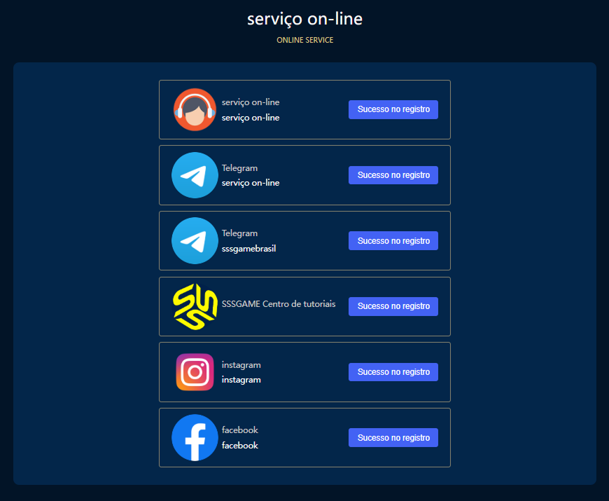 Ícones das redes sociais e contatos da SSSGame, incluindo WhatsApp, Telegram, Instagram e suporte ao cliente