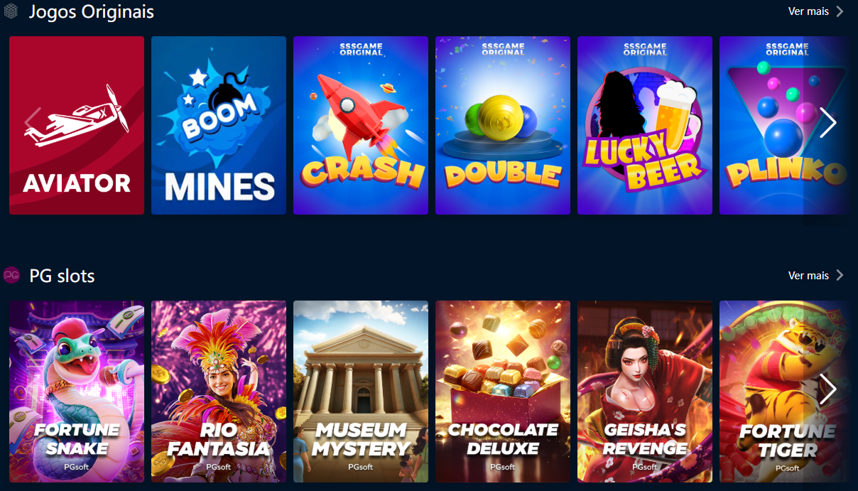 SSSGame interface com ícones de jogos, slots e botão registrar