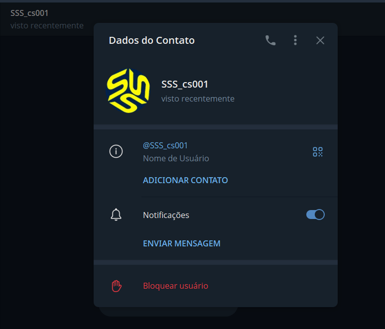 Ícone e contato oficial de suporte da SSSGAME via Telegram