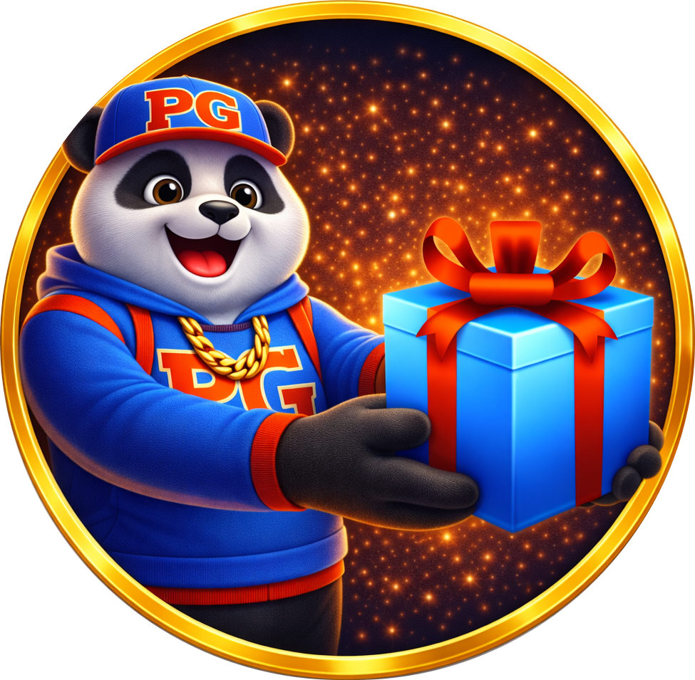 Mascote panda da SSSGAME segurando presente representando bônus e promoções