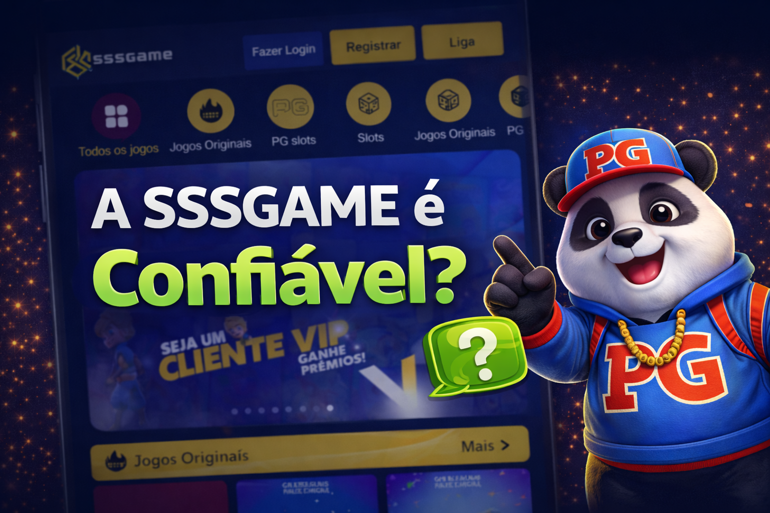 Celular exibindo a plataforma da SSSGAME com texto SSSGAME é confiável