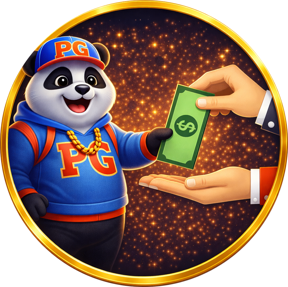 Mascote panda da SSSGAME segurando dinheiro representando pagamentos rápidos e seguros