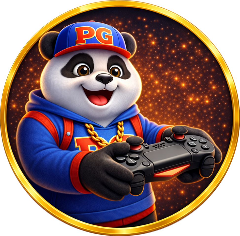Mascote panda da SSSGAME segurando controle de videogame representando variedade de jogos
